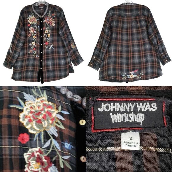 Johnny Was Workshop Button Down Shirt Plaid Embroidered Size Small S Floral - Picture 1 of 13